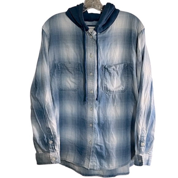 AEO Blue Hooded Cabin Flannel Button Down Shacket - Picture 3 of 8
